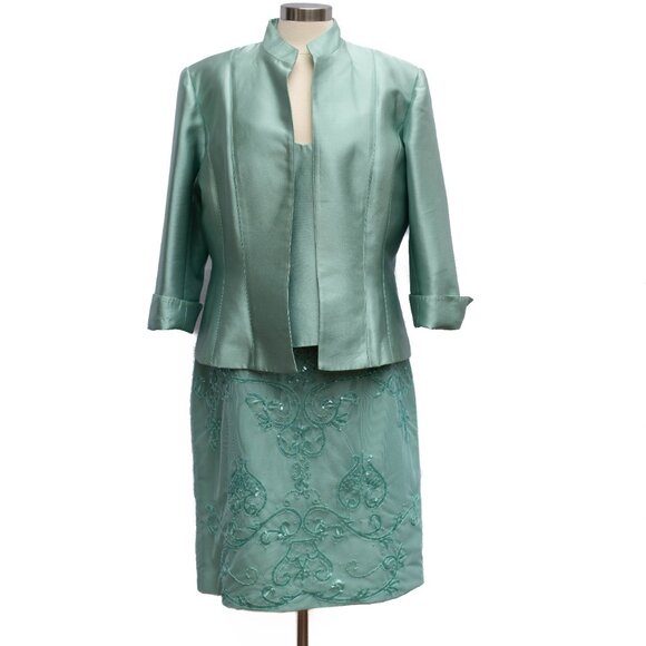 Jovani NY 3 Pc Silk Wool Set 18M Aquamarine Blazer Tank Lace Skirt Beaded NWT - Picture 14 of 16